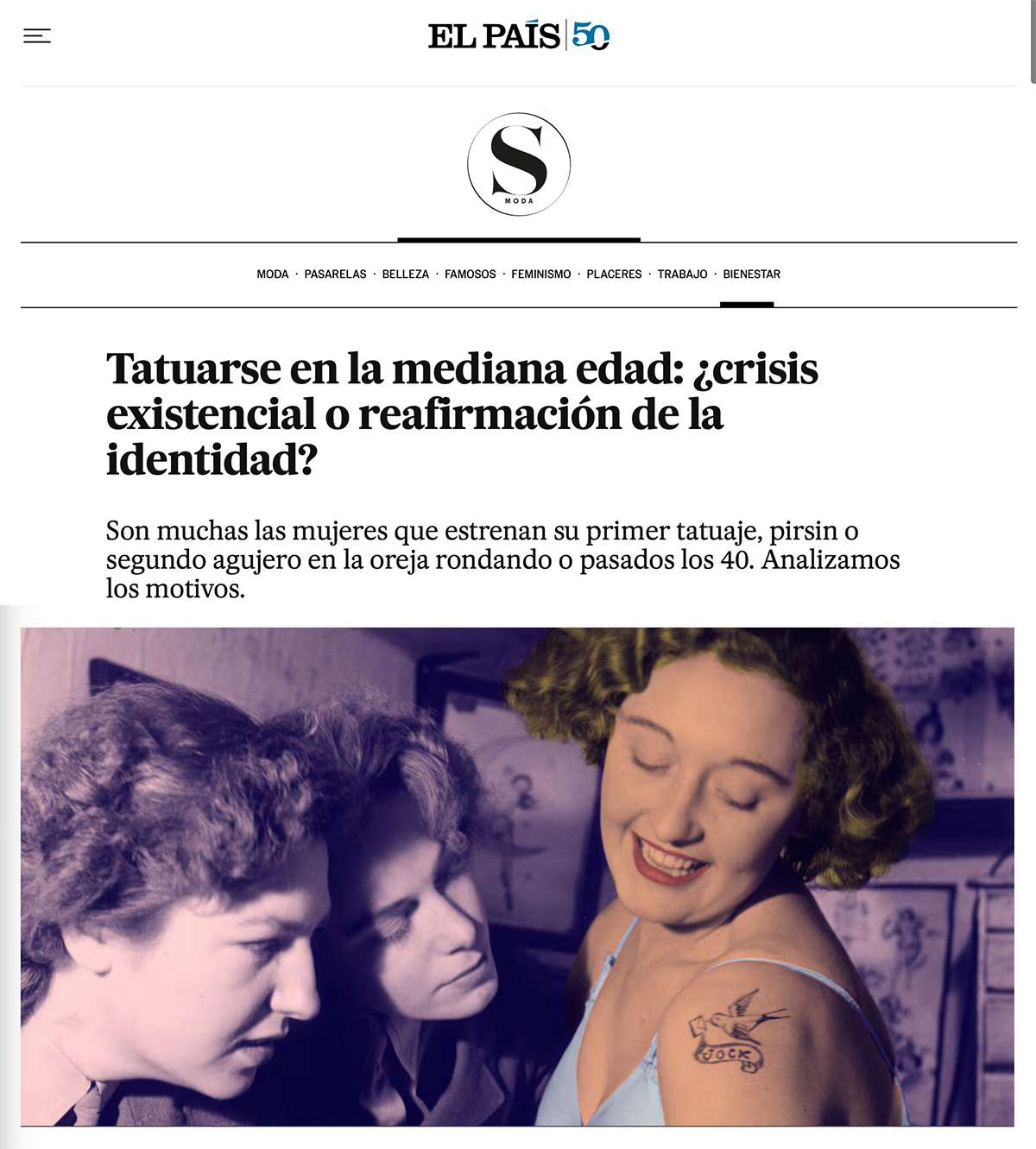 Capture de l’article El País S Moda sur le tatouage chez les femmes après 40 ans