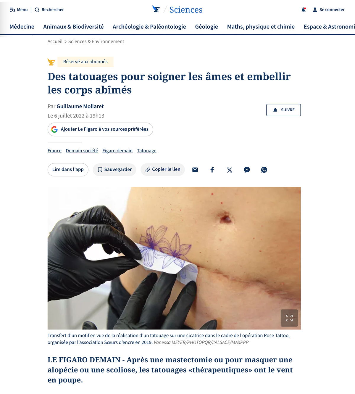 Capture de l’article du Figaro sur le tatouage thérapeutique, pages Sciences