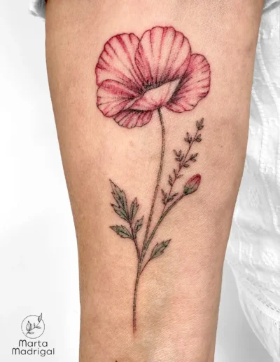Tatouage d'un coquelicot en couleur sur la face interne de l'avant-bras, a Toulouse