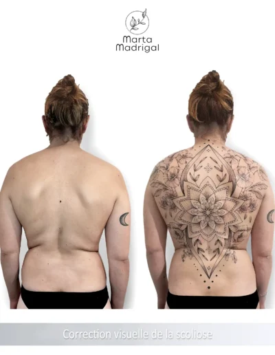 Tatouage mandala et fleurs sur tout le dos, correction visuelle de scoliose à Toulouse